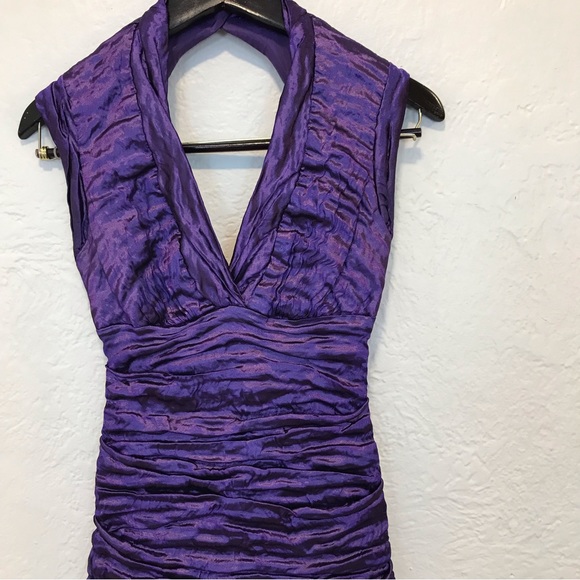 Vintage Nicole Miller Ruched Bodycon Mini Dress Purple Taffeta 2 - Picture 2 of 9